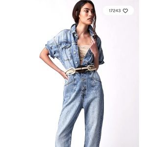 Free People Light Wash Denim Jumpsuit Sz L BNWT